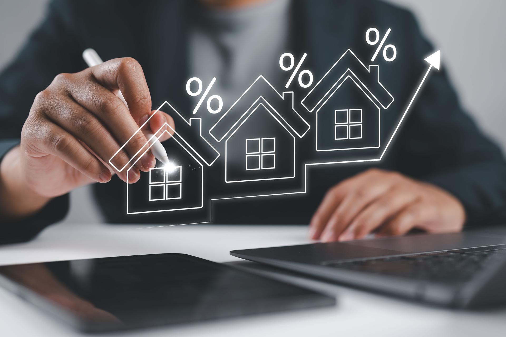 Interest rate and mortgage loan concept, Businessman analyze interests rate house increase trend follow up economic growth and inflation, Macroeconomics, real estate, income, marketing and profit.